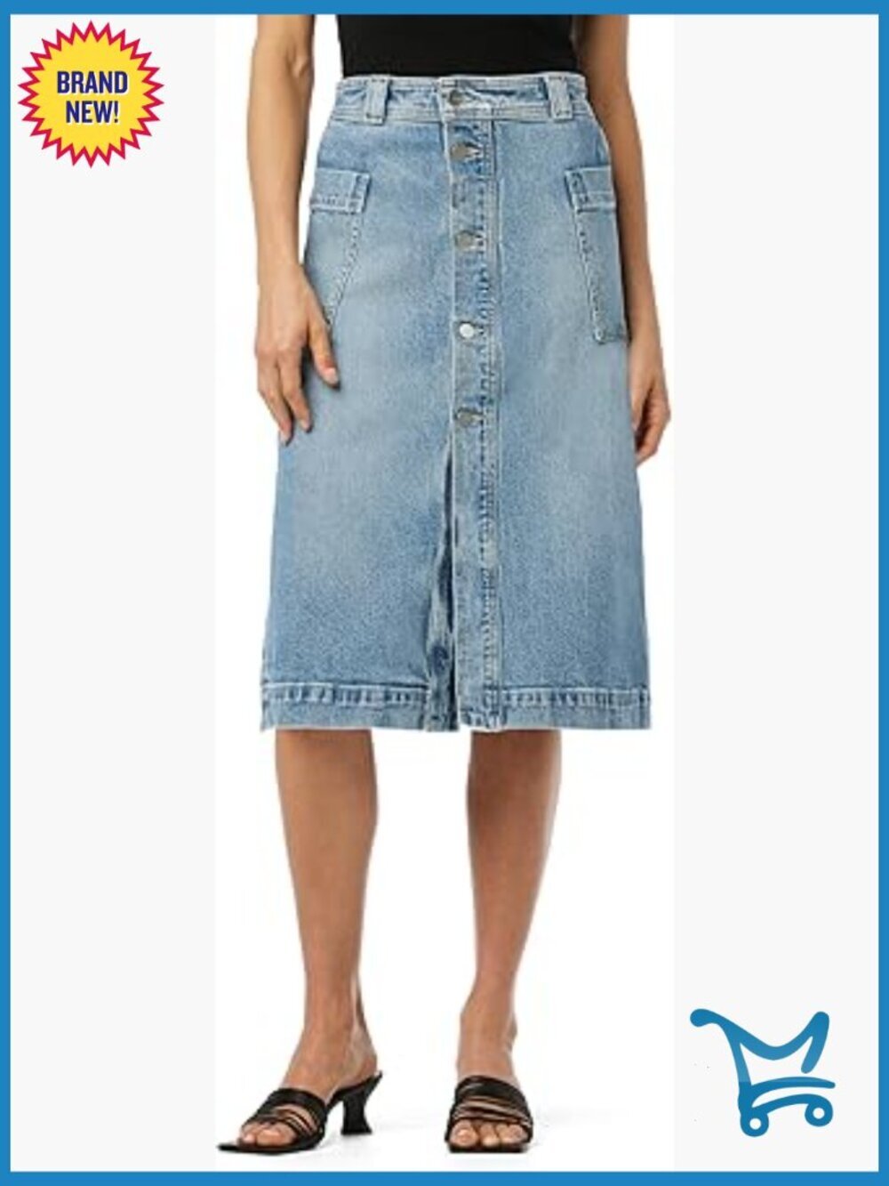 High Rise Patch Pocket Midi Denim Skirt Button Up Women's